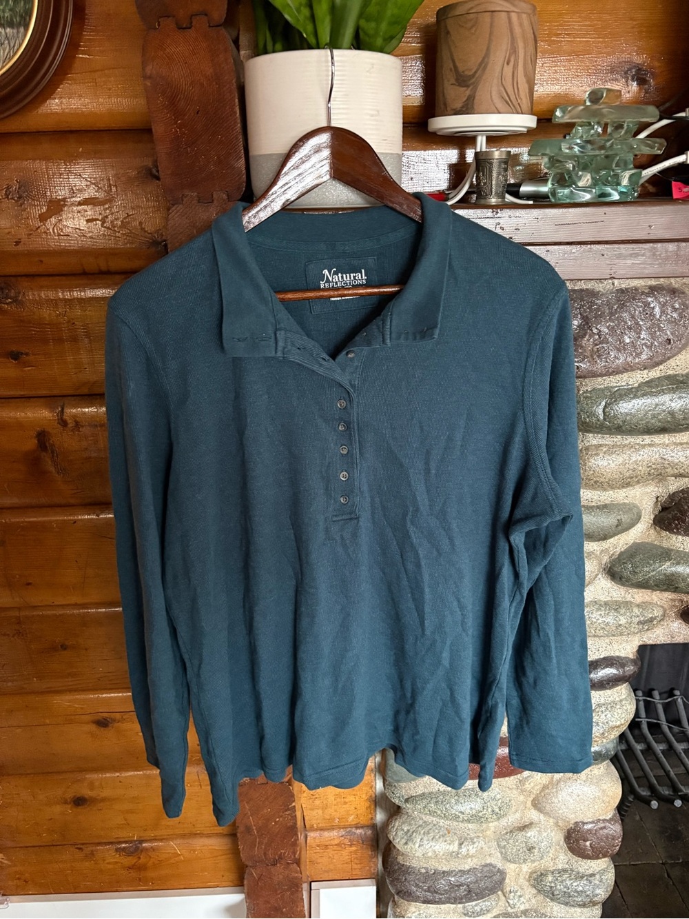 Natural Reflections Soft XL Teal Ribbed Cotton Henley Long Sleeve Top
